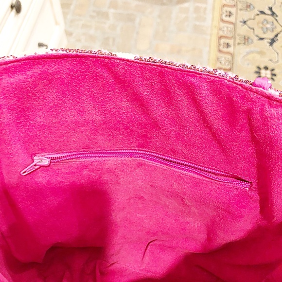 Floral Hot Pink Needlepoint Tote/Shoulder Bag with Beaded Handle, Suede Lining - Picture 10 of 11
